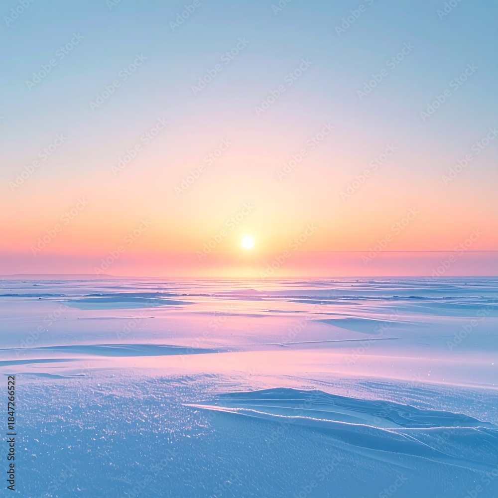 Fototapeta premium Icy Landscape at Dawn with Light Blue Sky and Pale Orange Sunlight Reflection