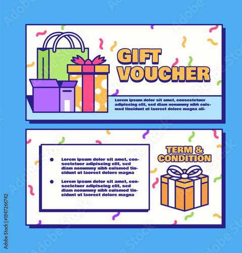 Bright hand drawn gift voucher template featuring shopping bags, gift boxes, and confetti. playful cartoon vector design ideal for promotions, discounts, retail, and special offers.