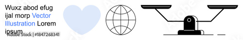 Love, global unity, justice, equality, legal balance, interconnectedness. A heart, globe and balance scale displayed together. Love and global unity combined with justice and equality concept