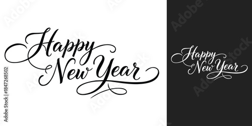 Happy New Year Calligraphy Script Black White Elegant Typography Vector Design Set