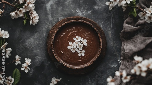 Chocolate dessert with spring blossoms