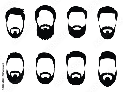 Set Bearded Hipster Men Faces, featuring diverse haircuts, mustaches, and beard styles, perfect for trendy man avatars, silhouettes