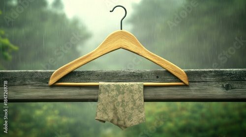 Wooden hanger with clothes in the rain