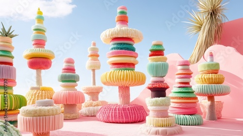 Colorful, layered, abstract structures resembling trees in a surreal landscape