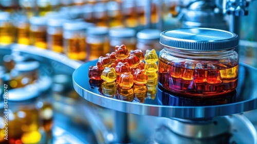 Gummy bears and liquid in a jar, production line