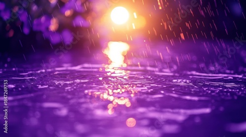 Rain-drenched, vibrant purple puddles under a sunset