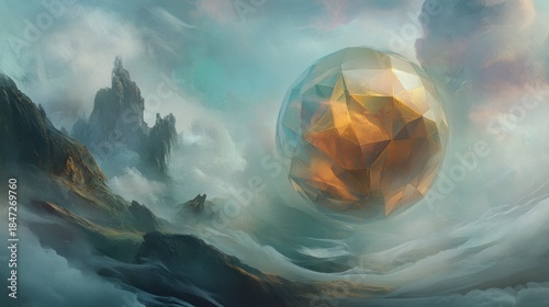 Golden sphere floats over a mystical landscape