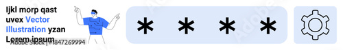 Person gesturing near password field with asterisks and settings gear. Ideal for security, login, authentication, privacy, online access, web design, simple landing page