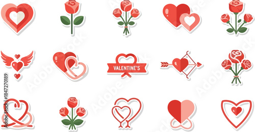 Valentine's Day Stickers Hearts, Roses, and Arrows for Love