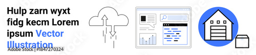 Cloud computing, data management, analytics, business operations, logistics, e-commerce. Cloud upload icon, analytics dashboard warehouse symbol. Cloud computing data management
