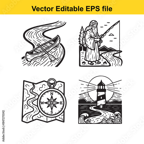  vector nautical icons including boat, sailor, compass, and lighthouse in editable eps format for design