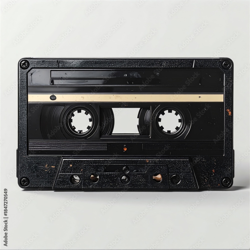 Fototapeta premium Black Cassette Tape with Speckled Texture on Bright White Surface