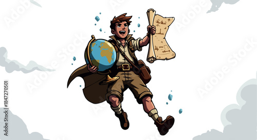 Adventurous Explorer Holding Globe and Map Pixel Art