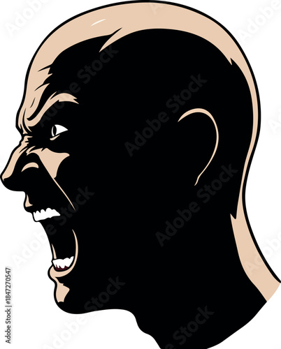 Angry Bald Man Profile Vector Flat Illustration Skin Tone Face Scream