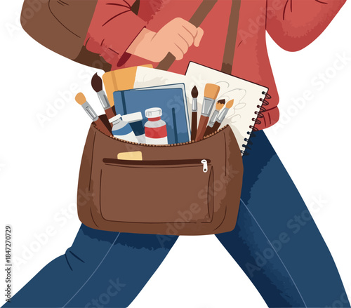 Artist Carrying Brown Bag With Brushes Paints and Sketchpad Flat Design