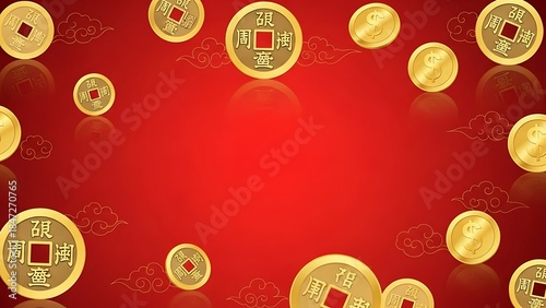 Festive Red Background with Golden Chinese and Dollar Coins, Auspicious Clouds, and Reflections for Lunar New Year and Prosperity Celebration