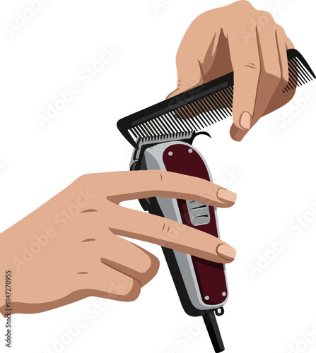Barber Clippers and Comb Held By Hands White Background
