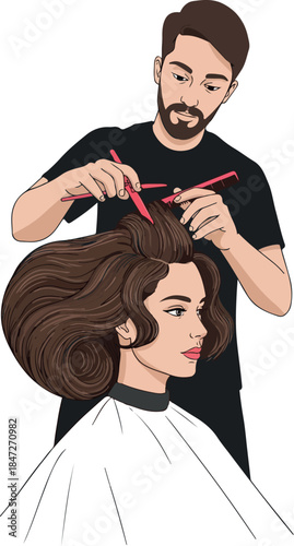 Barber Cuts Woman's Hair With Scissors And Comb Isolated Object