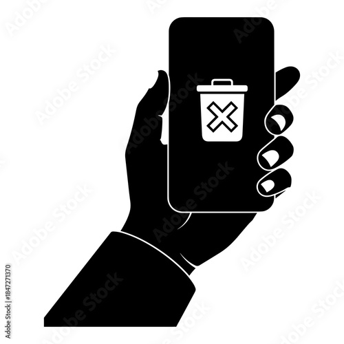 Silhouette hand holding smartphone displaying delete trash can icon for removal