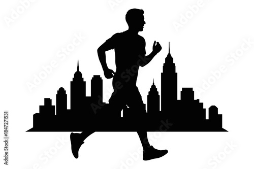 Silhouette of a runner jogging past a city skyline in black and white graphic