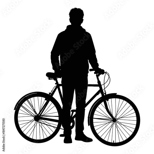 Silhouette of a man standing next to his bicycle against a white background