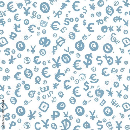 Blue Currency Symbols Pattern White Background Minimalist Illustration