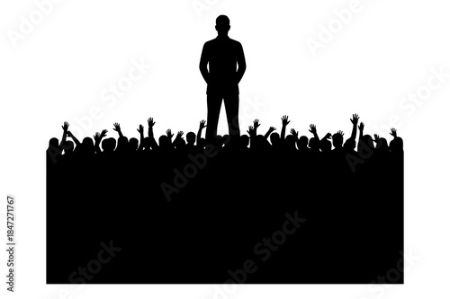 Silhouette of a confident speaker addressing a large enthusiastic crowd at an event