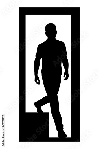 Silhouette of man stepping up onto a platform or stair in doorway graphic