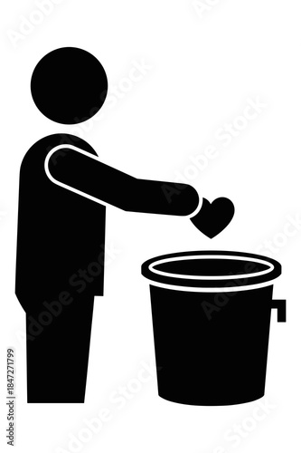 Simple black silhouette icon depicting a person disposing of trash into a bin