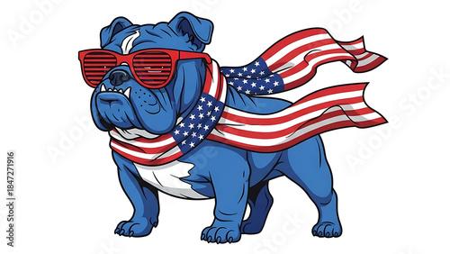 Patriotic bulldog wearing sunglasses and american flag cape