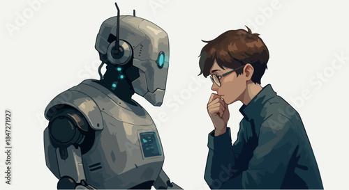 Boy And Robot Talking Together With Soft Lighting White Background
