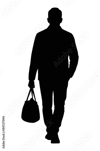 Silhouette of a man walking forward carrying a duffel bag against white background