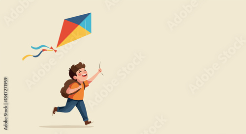 Boy Flying Colorful Kite on Beige Background