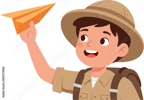 Boy Explorer Launching Paper Airplane Adventure in Safari Outfit