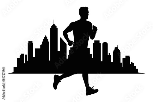 Silhouette of a man running against a backdrop of a modern city skyline