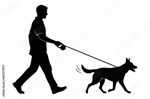 Silhouette of man walking dog on leash outdoors in simple black and white graphic