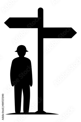 Hiker facing a crossroads signpost silhouette representing travel choices and direction