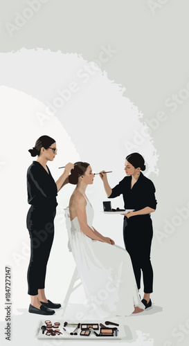 Bridal Makeup Artist Applying Cosmetics To Bride In White Dress Studio Lighting