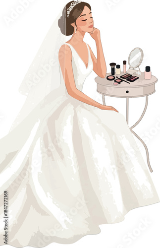 Bride Applying Makeup Elegant White Gown Wedding Beauty Flat Design
