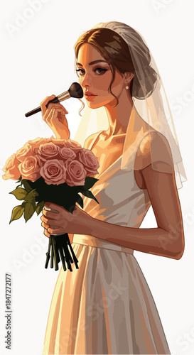 Bride Applying Makeup Holding Pink Roses Soft Golden Hour Light Wedding Dress