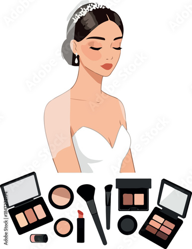 Bride Getting Makeup Applied With Wedding Veil And Makeup Tools