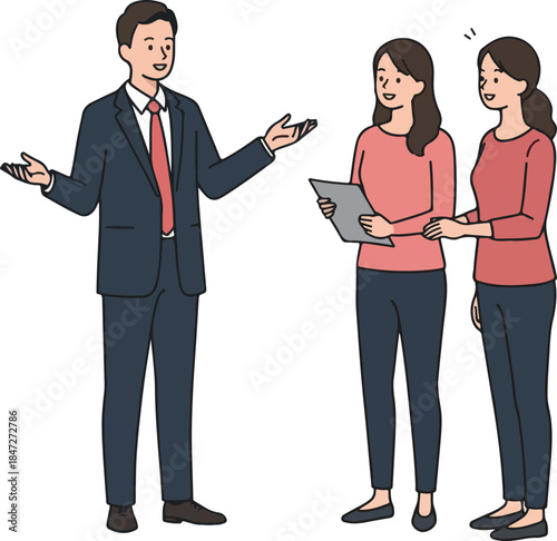 Business Meeting Flat Design with Man in Suit Talking to Two Women