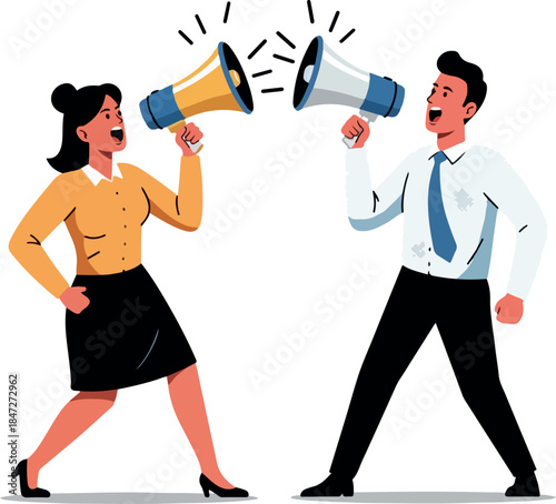 Business People Arguing Megaphones Isolated Flat White Background