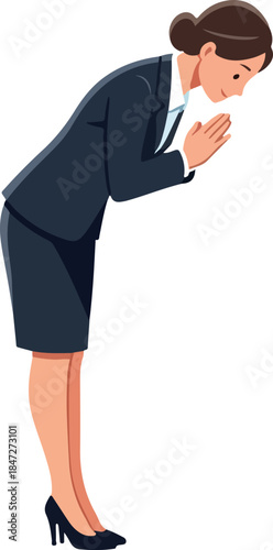 Business Woman Bowing Gesture White Background Dark Suit