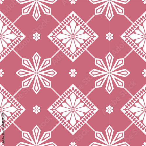 A seamless summer pattern with white multi-petal flowers set in diamond frames, edged by intersecting diamond lines and mixed with large and tiny blooms on a rosy pink background, evoking a bright sea