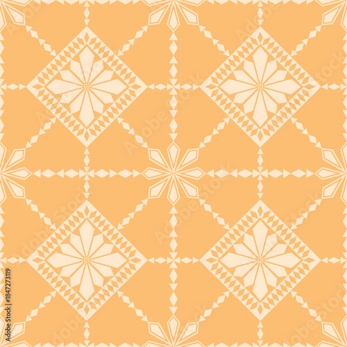 Seamless summer pattern featuring white multi petal flowers framed in diamonds edged with geometric square lines linking bold blooms on a bright pastel yellow background, creating a fresh, seaside