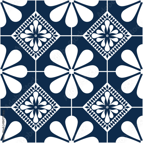 A vibrant summer pattern featuring white hibiscus-like flowers on a teal-blue background, Hawaiian-inspired, alternating with framed diamond florals and crisp square accents for a fresh, lively look