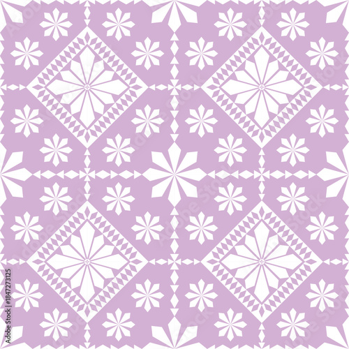 A sweet summer pattern with multi-petal flowers framed in diamonds, surrounded by scattered tiny blooms on a pastel pink and purple background, accented with geometric square lines for a soft seaside 