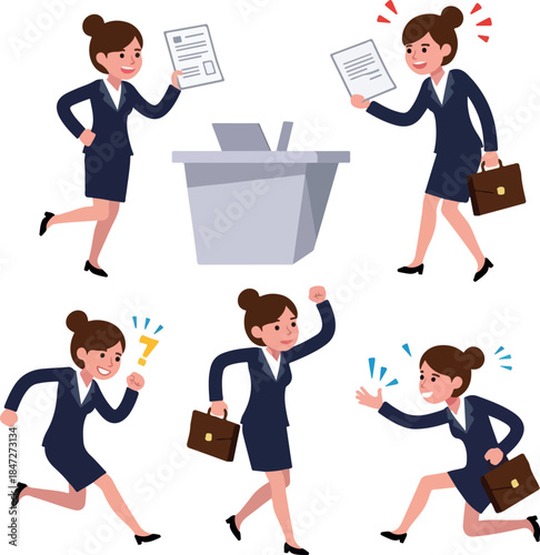 Business Woman Characters In Suits With Briefcases And Documents