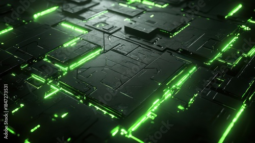 Glowing green circuit board, tech background, abstract design, futuristic concept